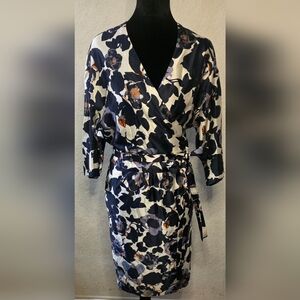 Boss Navy and White Floral Long Sleeve Silk Dress